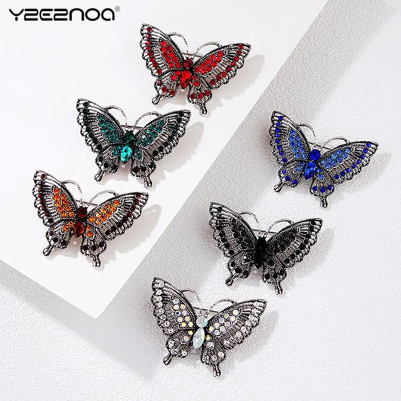 1Pc De Luxe Corsage Vintage Butterfly Brooches For Woman 5-color Rhinestone Sparkling Butterfly Insects Party Office Brooch Pins