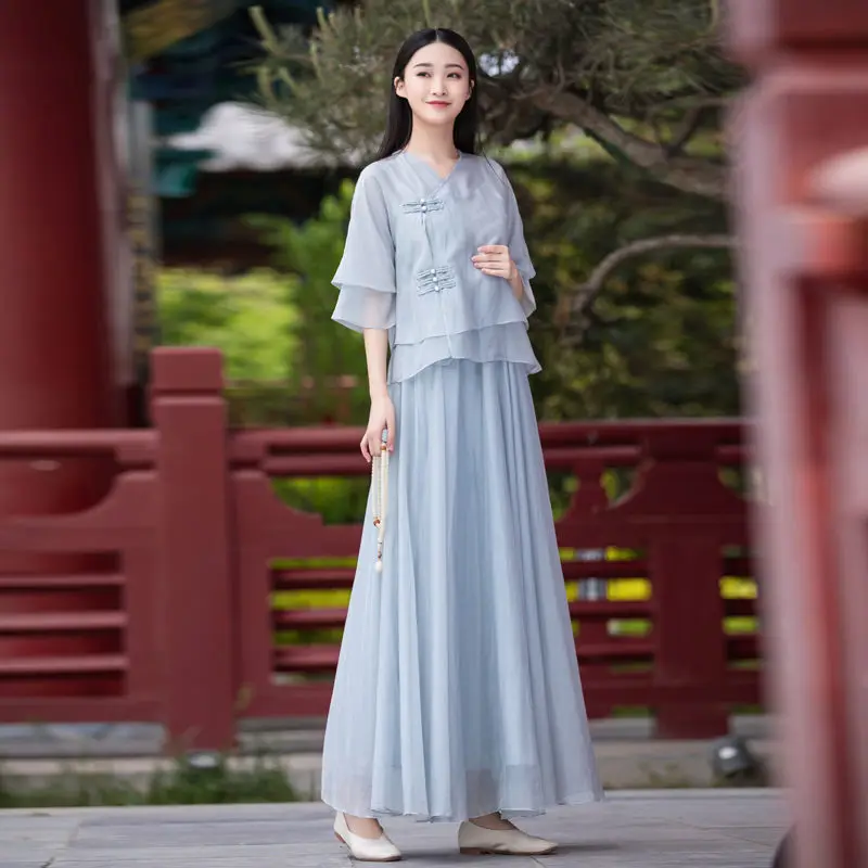 Improved Retro Hanfu Summer Skirt Women's Suit Cheongsam Chinese Zen Tea Clothes Fairy Chinese Suit Women Chinese Traditional