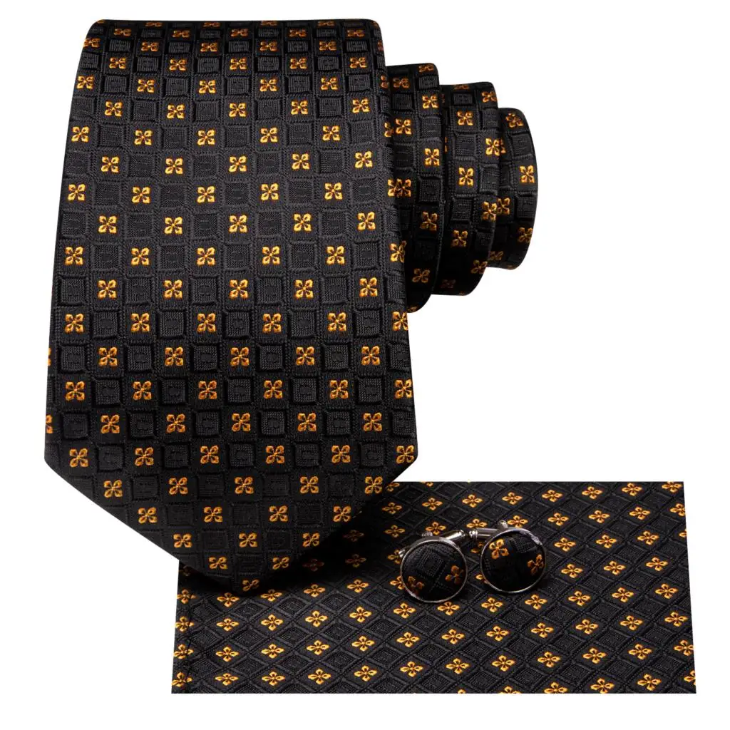 Hi-Tie Psialey Black Gold Silk Elegant Tie For Men Groom Wedding Men Necktie Pocket Square Cufflink Accessory Wholesale Designer