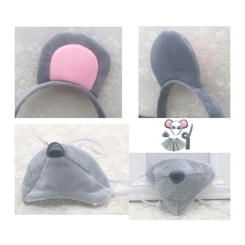 Mouse Costume Set Mouse Ears Nose Tail Bow Tie Tutu Gloves Animal Fancy-Costume Kit Accessories for Halloween Cosplay