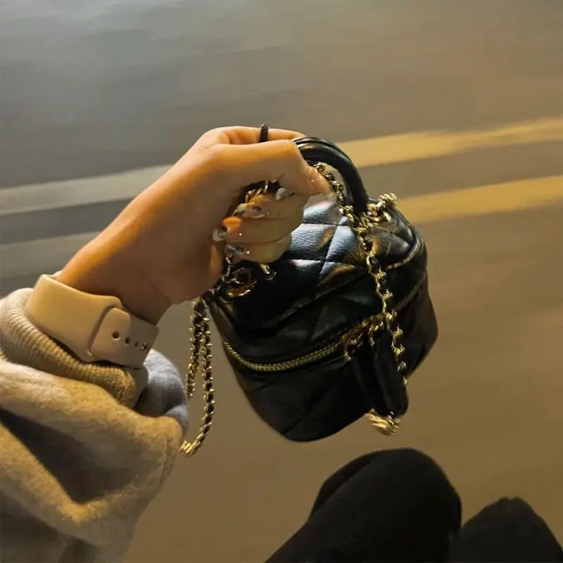 Fashion Rhombus Plaid Shoulder for Women Square PU Leather Makeup Lipstick Toiletry Organizer Box Black Cross Body Bags