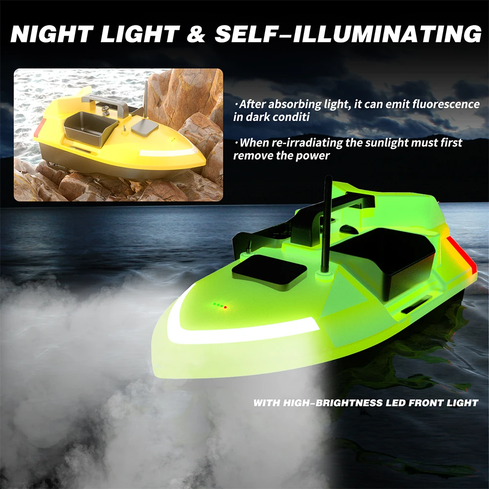 Fluorescent RC Bait Boat Yellow V020 Sonar Smart 40 Points GPS Auto Return 2KG Loading 500M Night Lights For Fishing Fish Finder