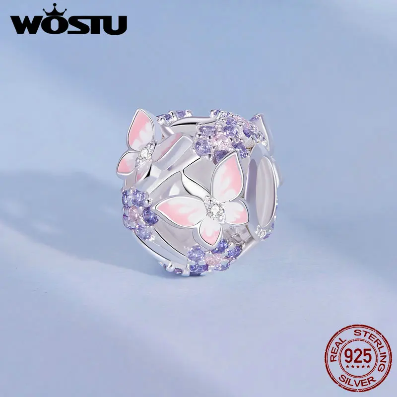 WOSTU 925 Sterling Silver Mystic Purple Flower Charms Beads Butterfly Safety Chain Fit Original Bracelet DIY Necklace Jewelry