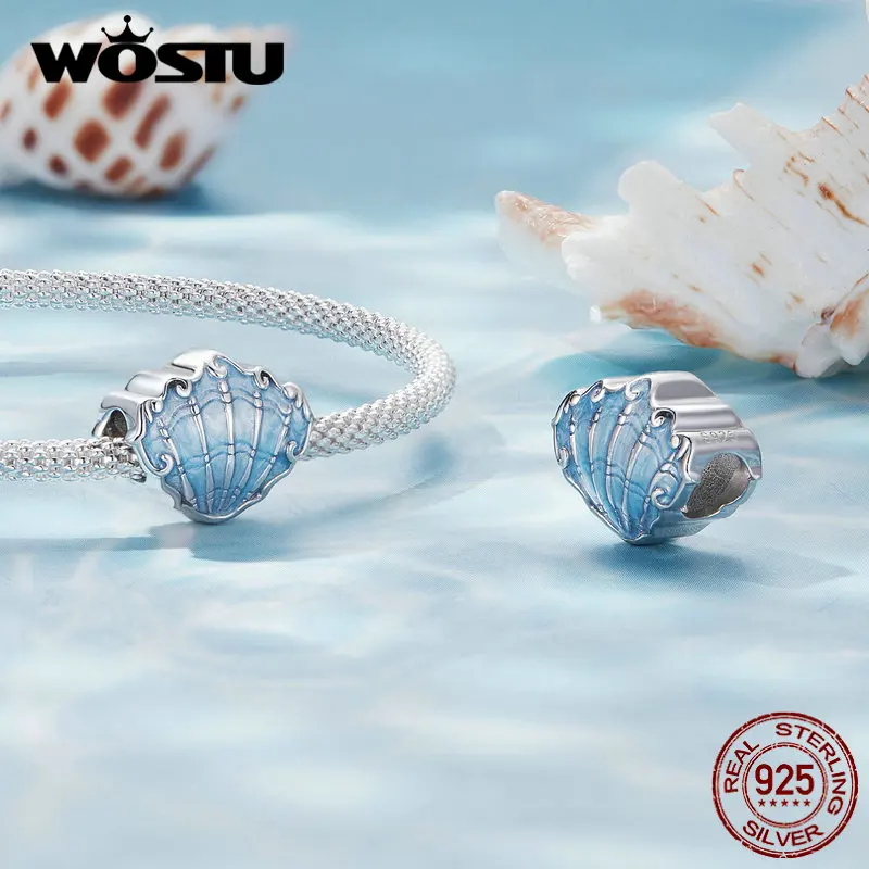 WOSTU 925 Sterling Silver Ocean Series Blue Turtle Charms Shell Pendant Crab & Seaweed Beads for Women Fit DIY Bracelet Necklace