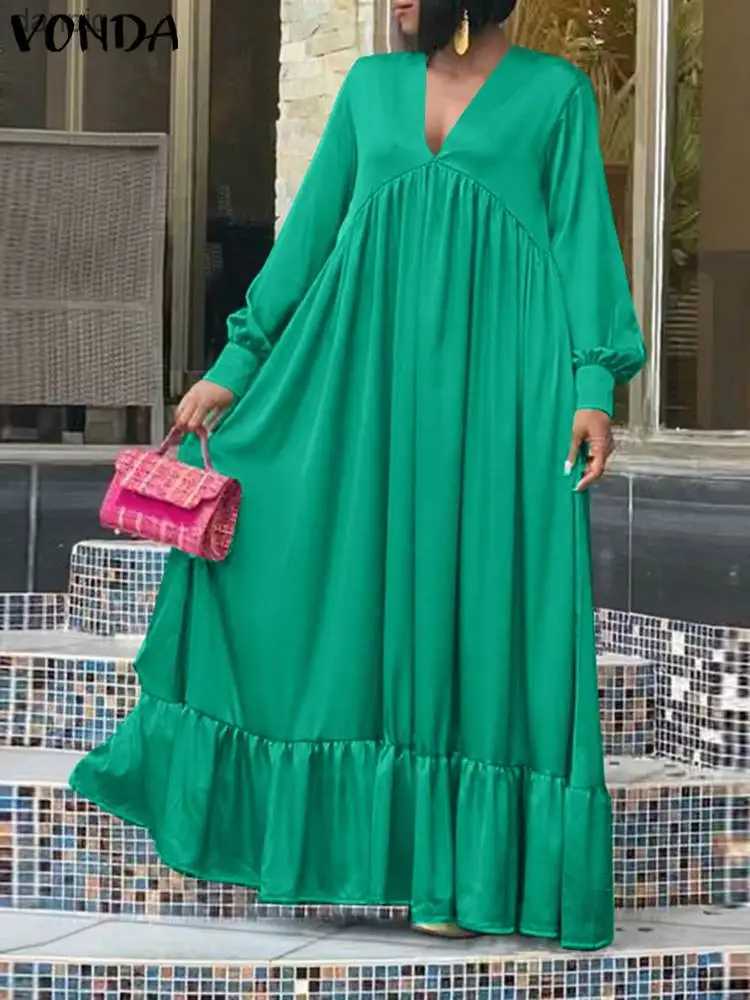 Urban Sexy Dresses Plus Size 5XL VONDA Elegant Party Sun Dress Womens Long Slave Sexy V-neck Casual Shirt Autumn Loose Solid Ruffle Long Dress Y240402