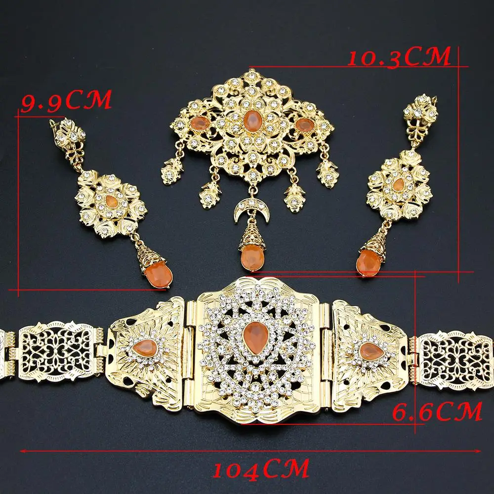 Sunspicems Morocco Bride Jewelry Sets Gold Color Orange Crystal Brooch Women Earring Caftan Waist Chain Belt Wedding Jewelry