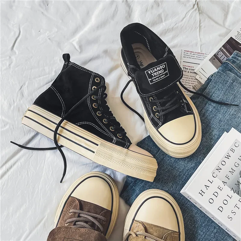 Men Casual Height Increasing Canvas Shoes Solid Color Vintage Harajuku Style Skateboard Shoes Round Toe Lace Up Walking Shoes