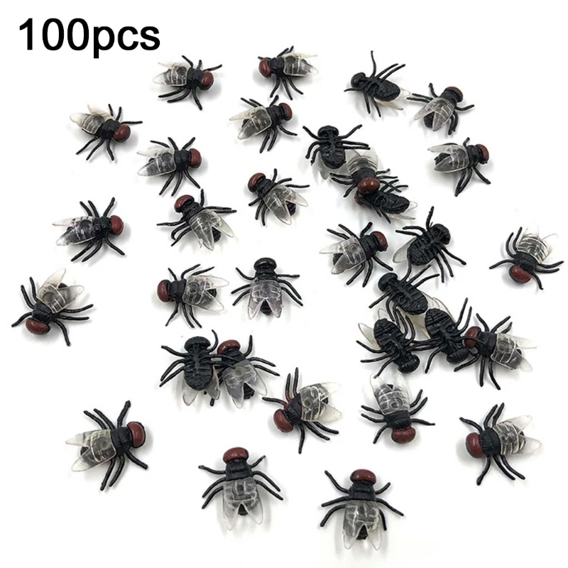 W3JF 100 Pcs Fake Flies Plastic Simulated Insect Fly Bugs Joke Prank Halloween Party