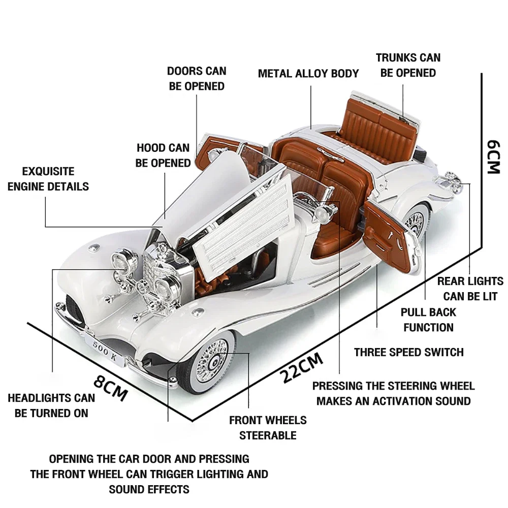Metal Classic Cars Toys Scale 1/24 500K Vintage Car Diecast Alloy Model Gift for Boys Children Kids Toy Vehicles Sound and Light