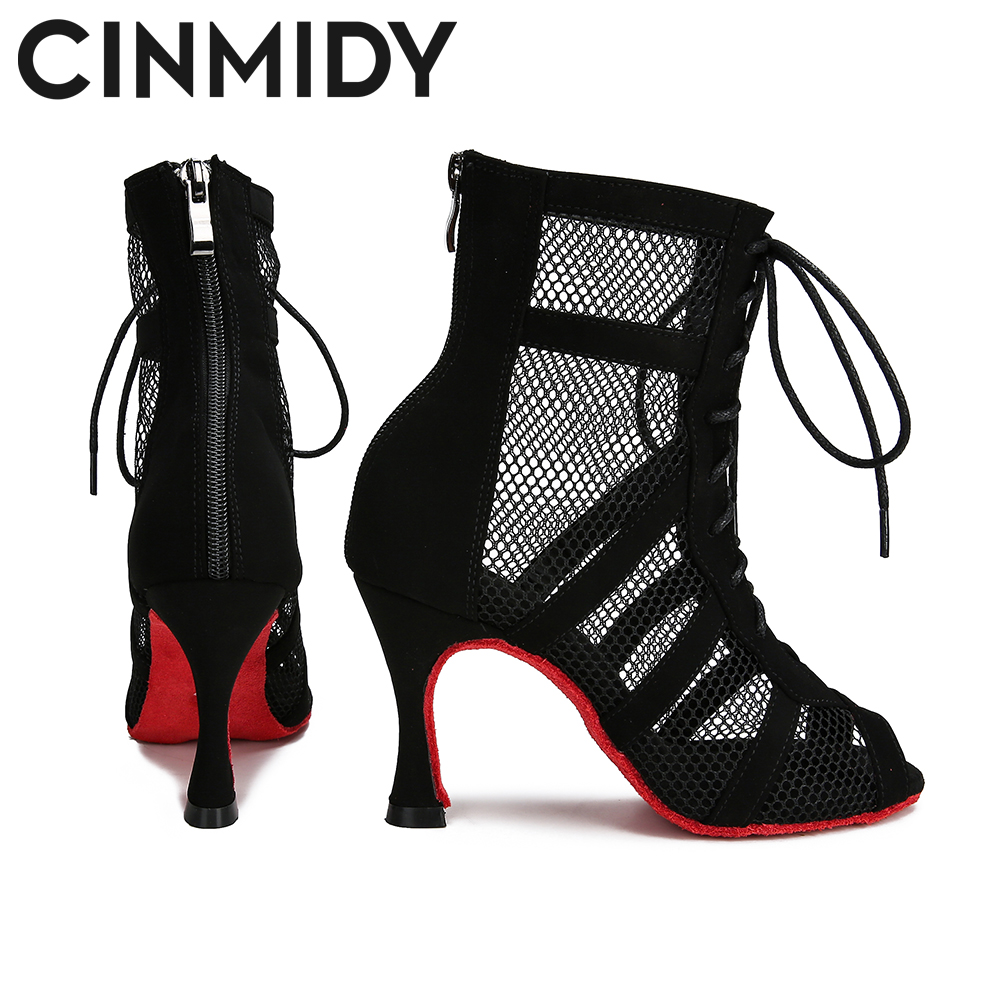 CINMIDY Lace Up Dance Shoes Women's Red Sole Latin Dance Shoes Black Ballroom Dance High Heels Tango Modern Jazz Dance Boots