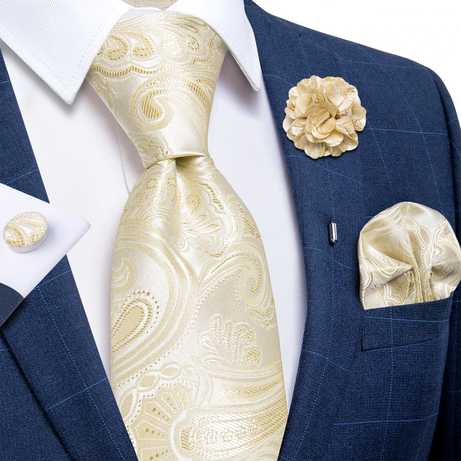 2023 New Classic Green Blue Paisley Silk Ties For Men Handkerchief Cufflinks Brooch Pin Wedding Accessories Men Gift Dropship