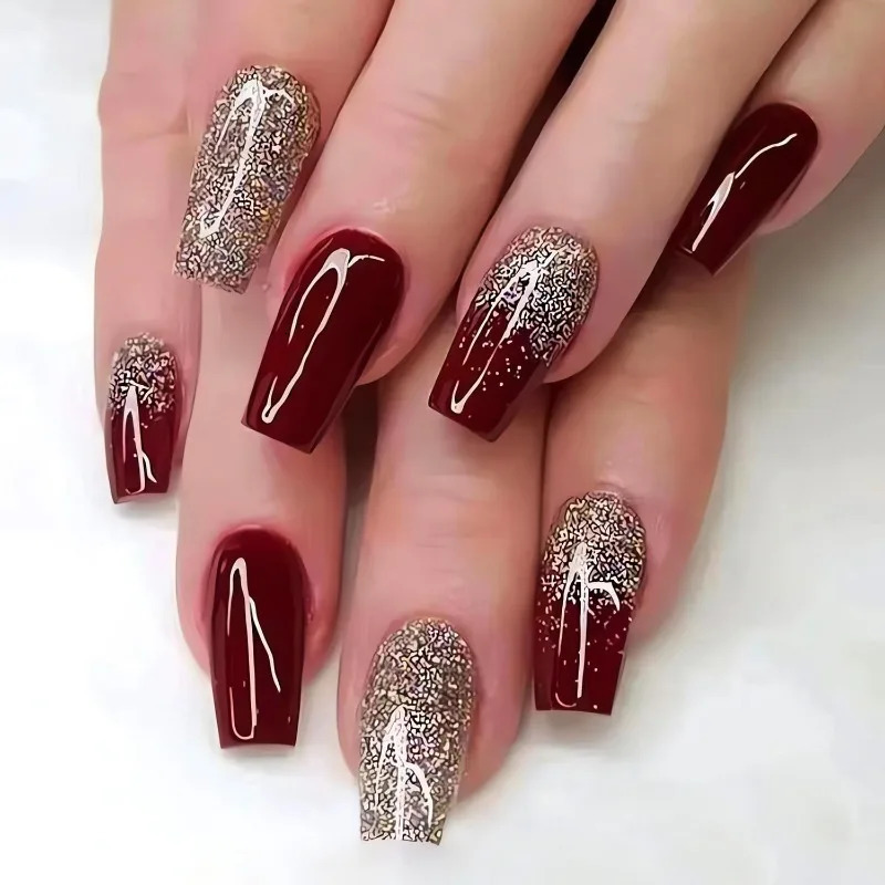 24 pieces of wine red mid-range coffin gloss full set of adhesive fake nails sparkling n cute suitable for womens Year 241031