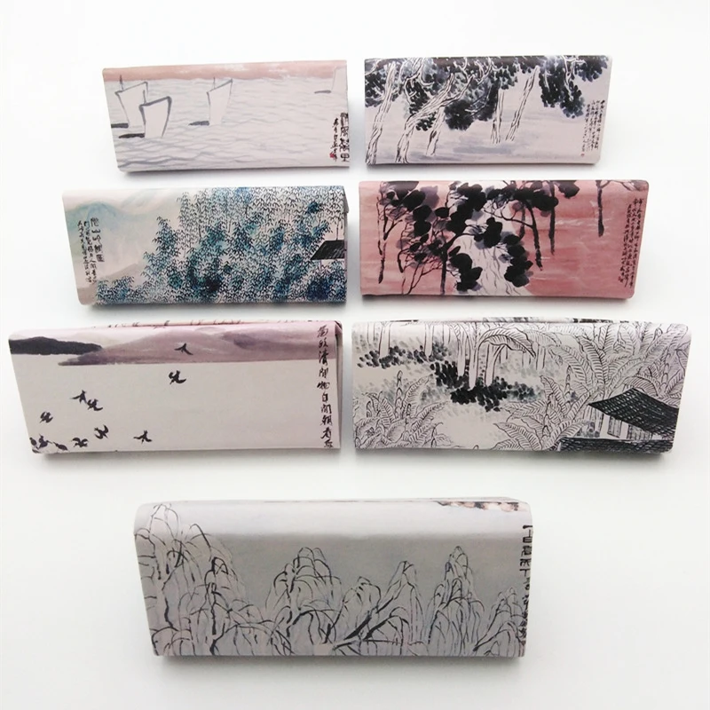 Foldable Triangular Glasses Case Vintage Pattern Chinese Tend Ink Painting Myopia Eyeglasses case Portable Hard Box With Cloth