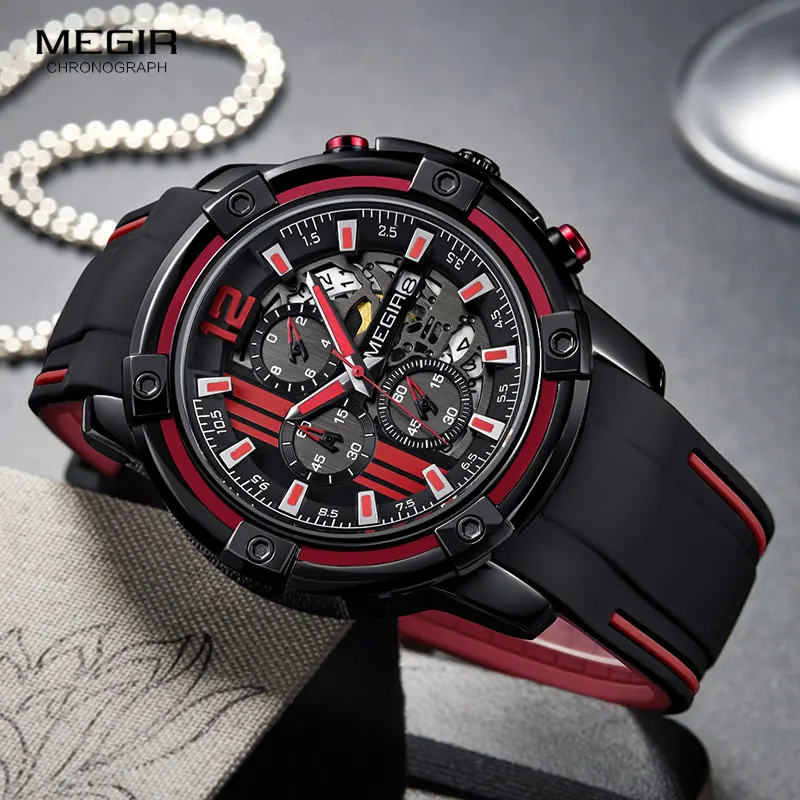 Megir Men's Sports Quartz Watches Army Military Chronograph Wristwatch for Man Luminous Relogios Masculino Clock 2097 Black Red
