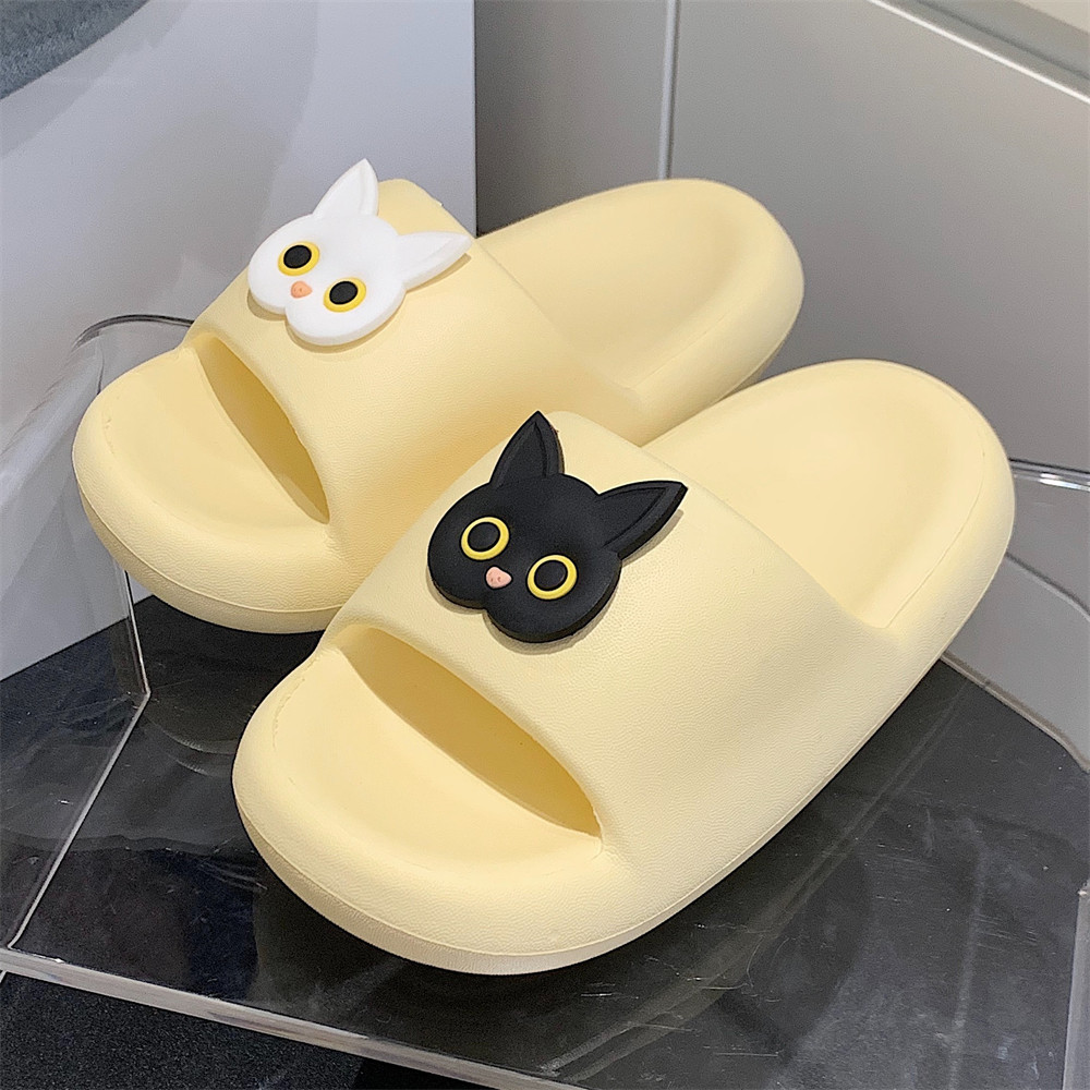 Soft bottom home summer slippers female cartoon slippers three-dimensional soft cute fun black and white kitten indoor street sandals girl slippers