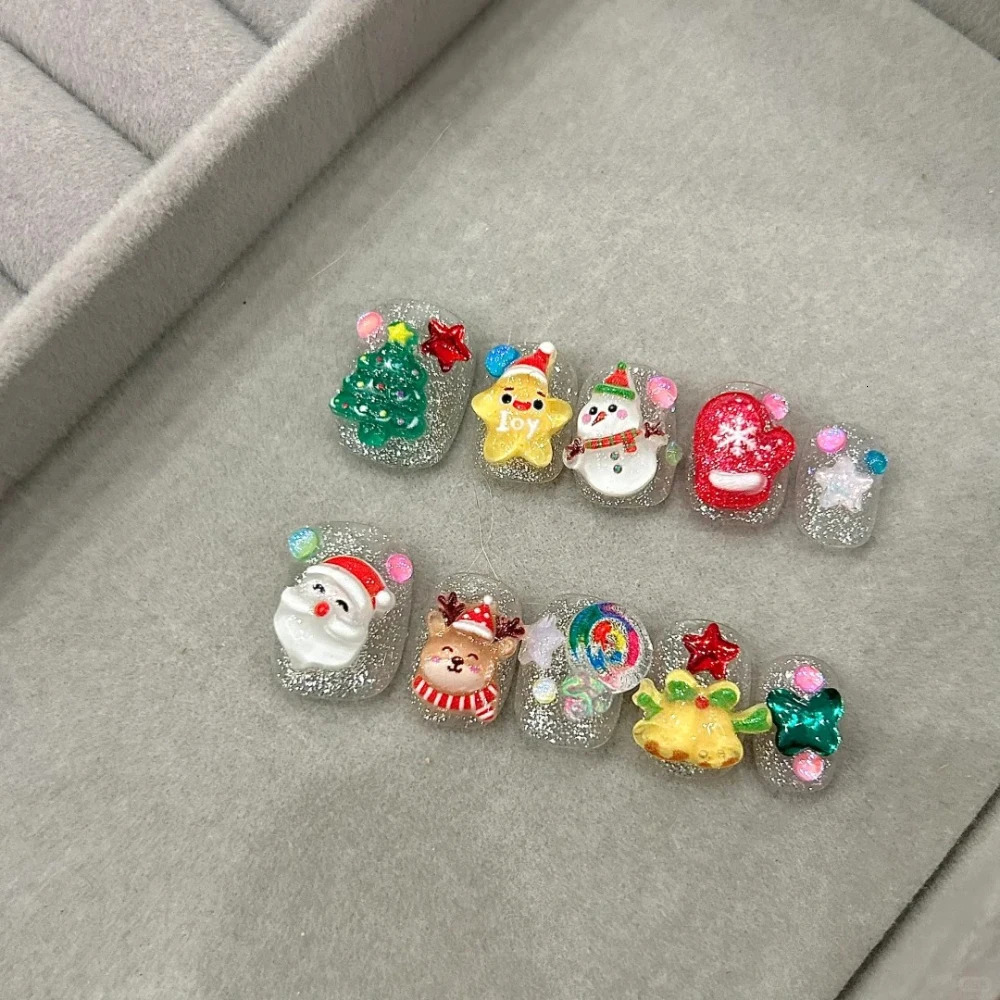 10 handmade pressed nails Christmas cute gingerbread mens short square fake nails womens gift n art 241031