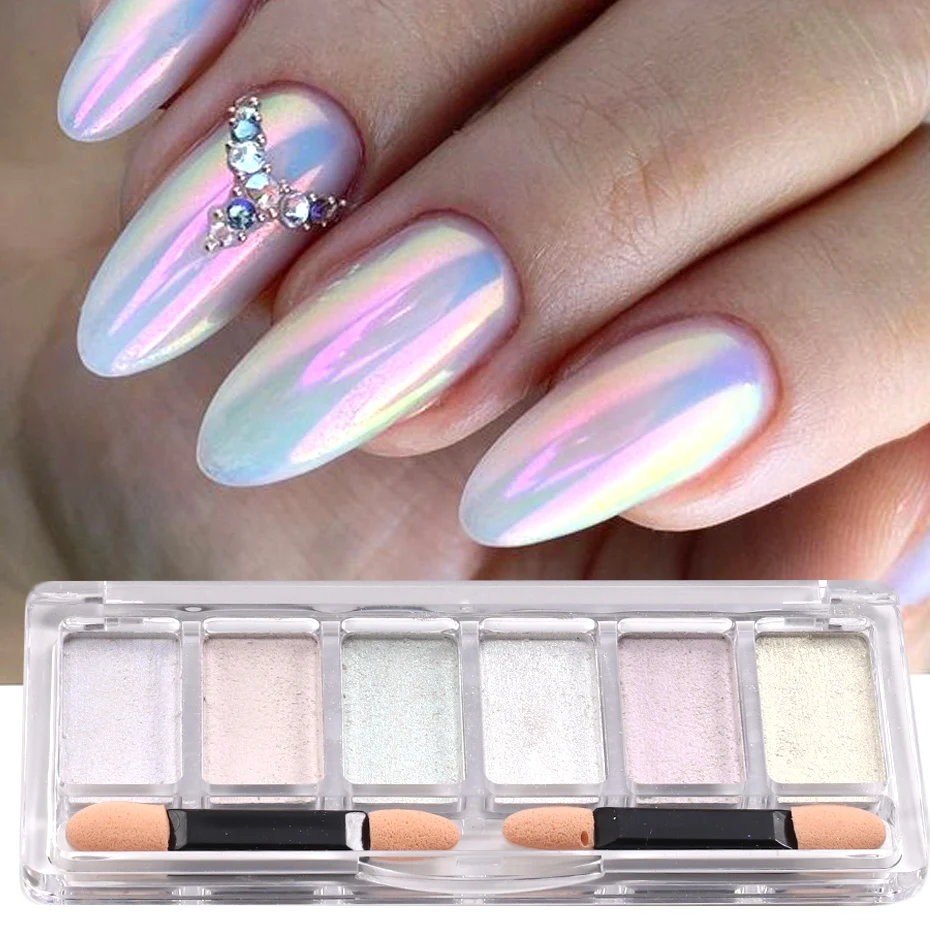 6 Color Mirror Powder Nail Glitter Holographic Glass Aurora Fine Pigment Mermaid Rubbing On Chrome Dust Shiny Decor DIY Manicure