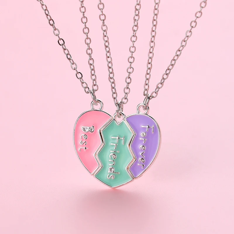 Luluo&baby 3Pcs/Set Cute 3-color Heart Broken Stitching Magnetic Best Friend Necklace for Girls Kids BFF Friendship Jewelry Gift