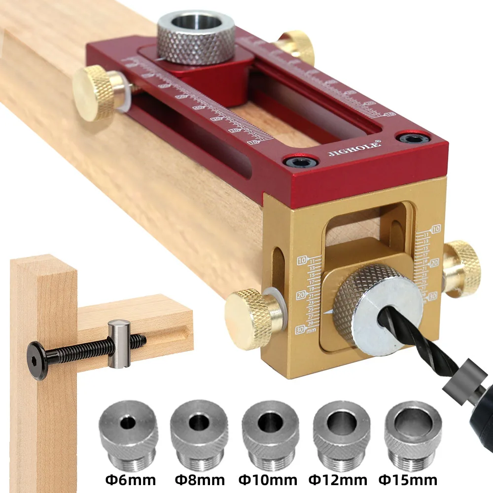 2 In new 1 Drill Guide Doweling Jig Bed Cabinet Screw Punch Locator Woodworking Hole Drill Bit Set 2025 5-Hole 6/8/10/12/15mm Pin Fixture