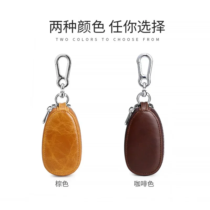 for Genuine Leather Keycase Men's Double-layer Zipper Car Keycase with Retro Top Layer Cowhide Keycase Keychain Wallet smile