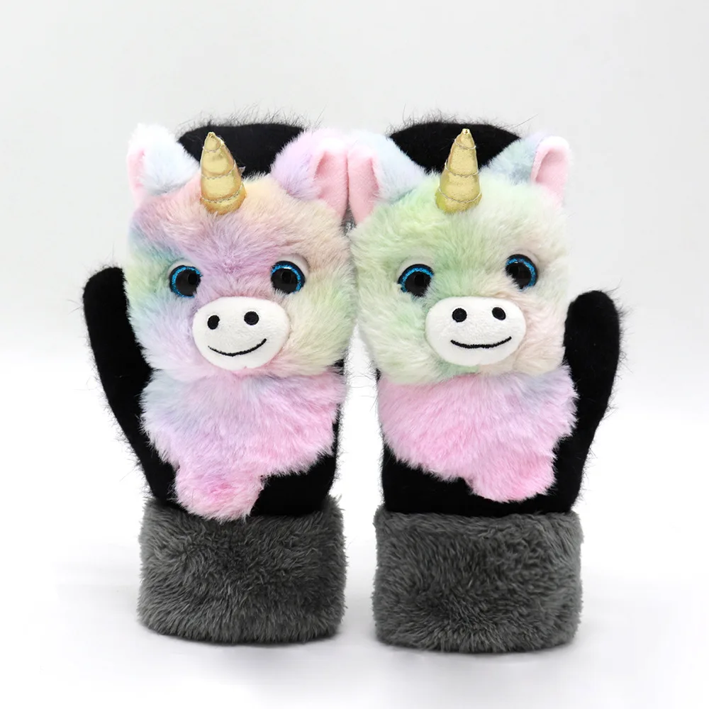 Female Warm Winter Gloves with Unicorn Animals Cat Fox Dog Girls Faux Fur Turn Cuff Extended Length Mittens 22cm