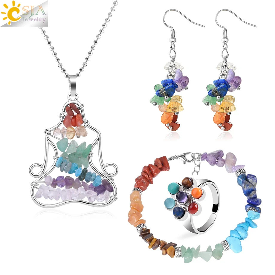 CSJA Natural Stone Jewelry Set suitable for women 7 chakras chip beads healing bracelet ring necklace earrings spiritual jewelry G693 241031