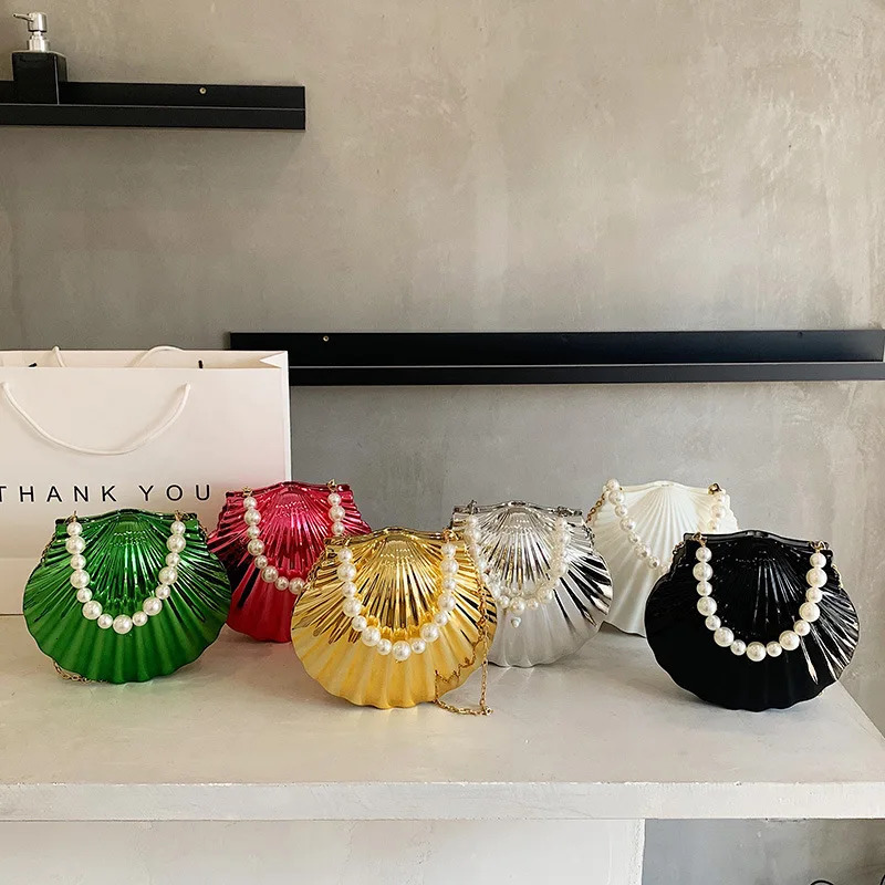 Evening Shell shaped Womens Clutch Bag Wedding Bridal Handbag Pearl Bead Fashion Shell Chain Party Bag 241031