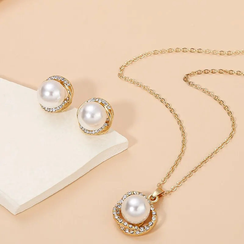 South Sea Shell Pearl Gold-Color Jewelry Sets for Women Cubic Zirconia Necklace Earrings With Party Birthday Wedding Gift