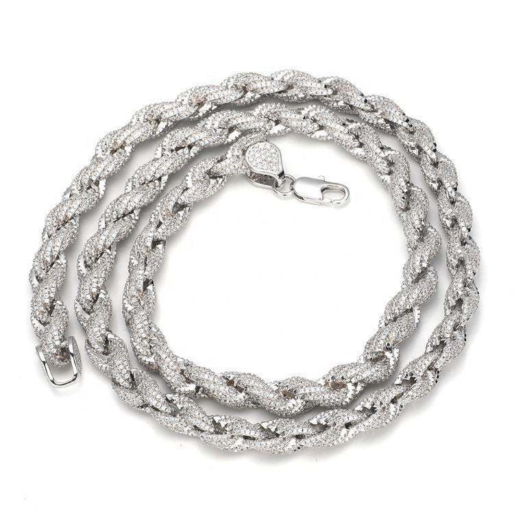 Full Iced Out Hip Hop Jewelry Moissanite Rope Chain Necklace Sterling Silver 12mm Twisted Diamond Rope Chain
