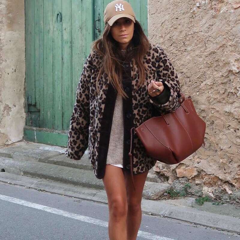 Women's European and American leopard print windbreaker casual loose cardigan jacket long sleeved warm thickened pocket button designer jacket