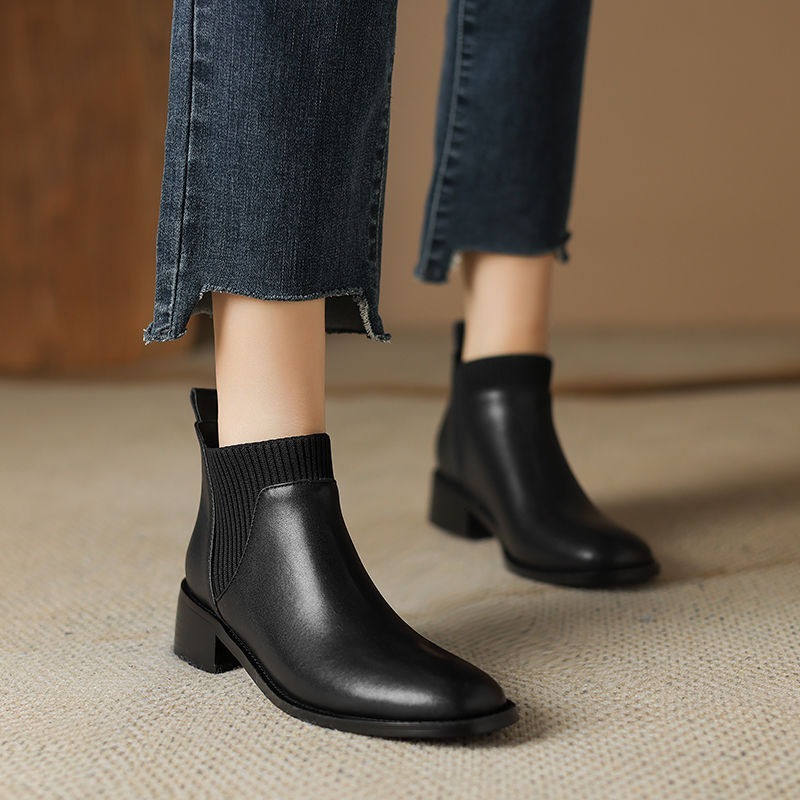 Women's Chunky 2023 Autumn/Winter Single Boot Round Toe Wool Mouth Heel Ankle Boots