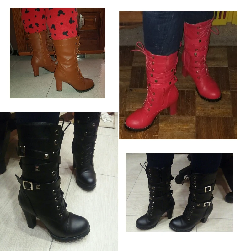REAVE CAT Women Mid Calf Boots Thick High Heels Round Platform Buckle Zipper Rivets Lace Up Leather Botas Winter Fur 43 QA3646