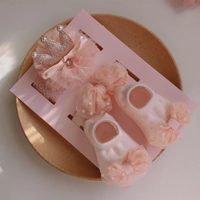 3Pcs/Set Lace Flower Baby Girl Headband Socks Set Cute Floral Crown Bows Newborn Hair Band Turban Kids Hair Accessories