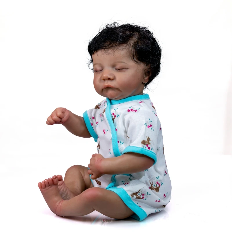 NPK 50CM Soft Body Flexible Reborn Baby Handmade Levi Black Skin African American Baby Handrooted Hair with Bottle and Pacifier