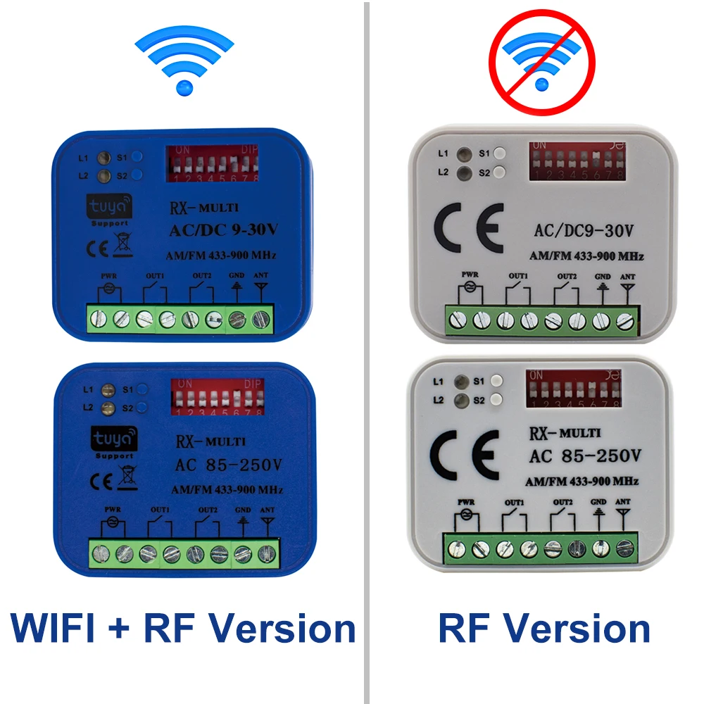 Rx Multi 433 a 868 Mhz Smart Opening Door Garage Controller Wifi Receiver 2CH Tuya Remote Control Switch 12V 24V 220V SMG-8122