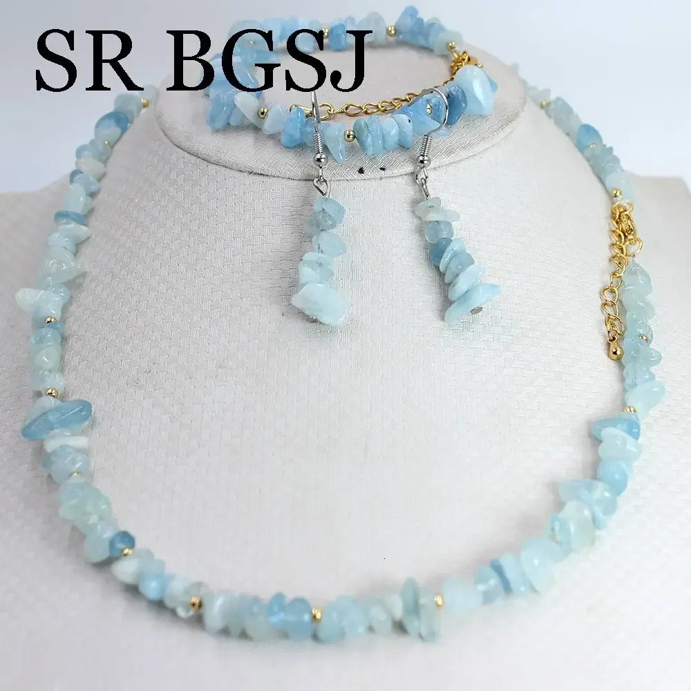 6-8mm Blue Aquamarine Natural Gemstone Womens Necklace Bracelet Jewelry Set 17.5 7-8 241031