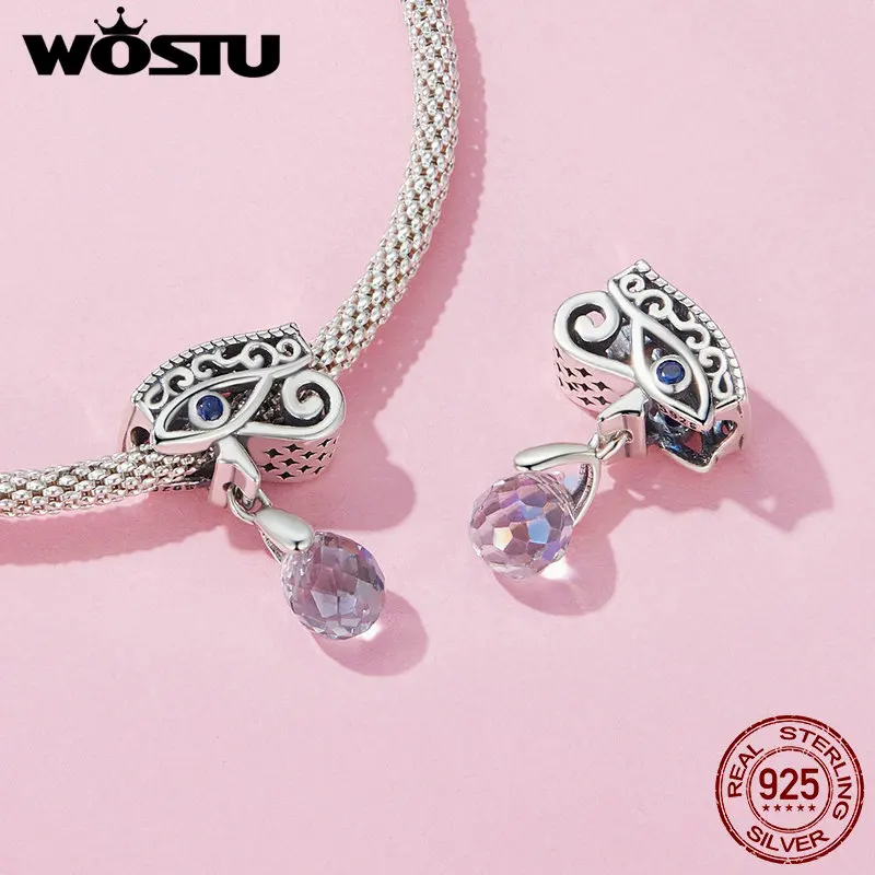 WOSTU 925 Sterling Silver Vintage Lucky Hand of Fatima Charms Blue CZ Cross Pendnat Evil Eye Bead Fit DIY Bracelet Necklace Gift
