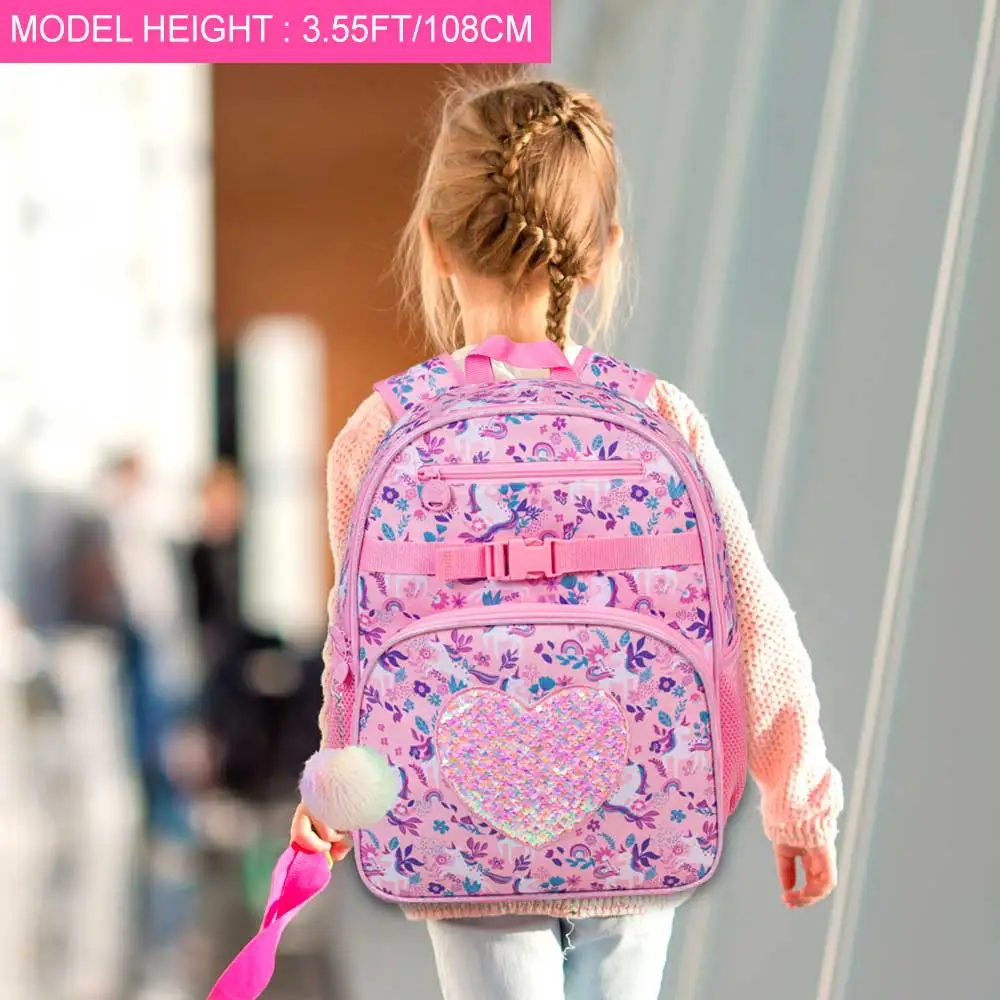 3PCS Unicorn Backpack for Girls, 16" Cute Sequins Kids Bookbag with Lunch Box, Elementary Preschool Kindergarten School Bag Set