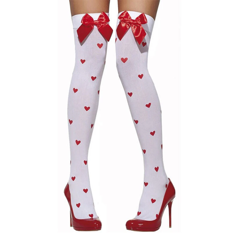 Red Heart Stockings Sexy Lingerie Perspective Erotic Babydoll Lace Bow Cat Suit Women fantasy High knee tights Intimates