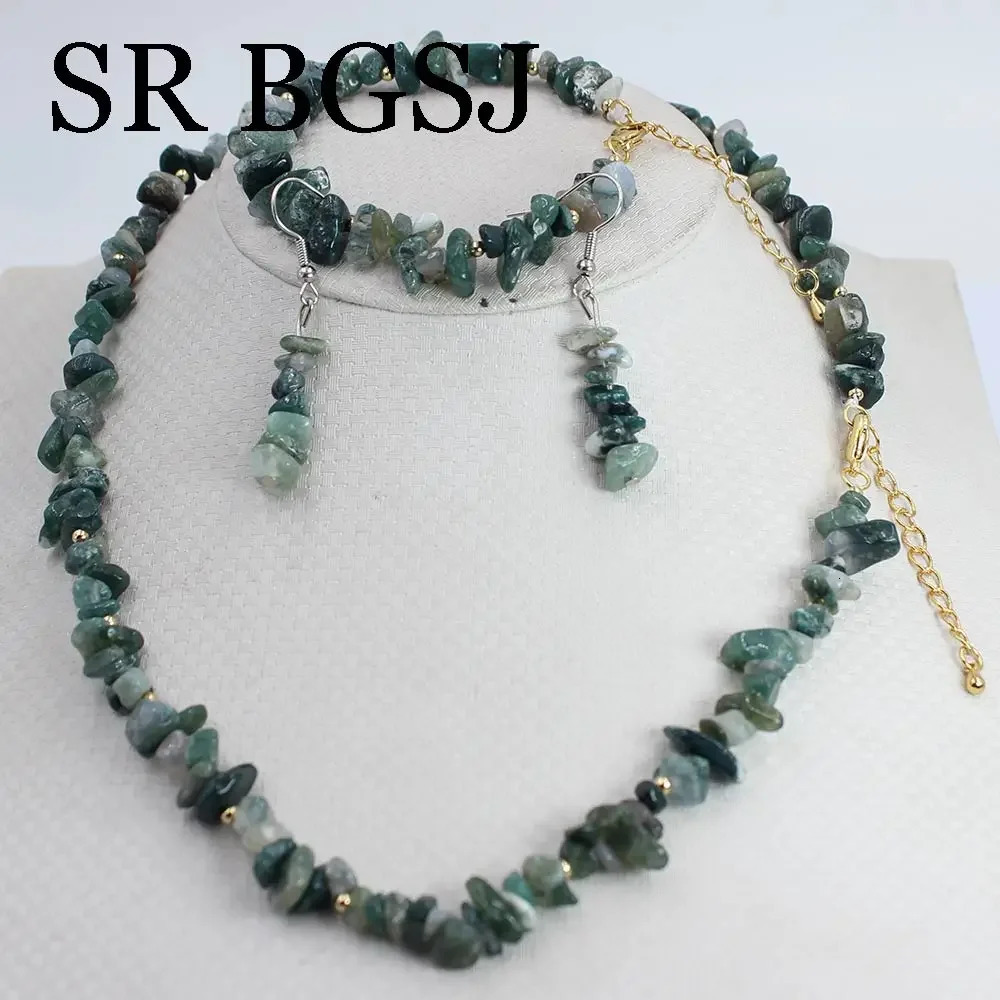 6-8mm green moss agate natural gemstone womens necklace bracelet jewelry set 17.5 7-8 241031