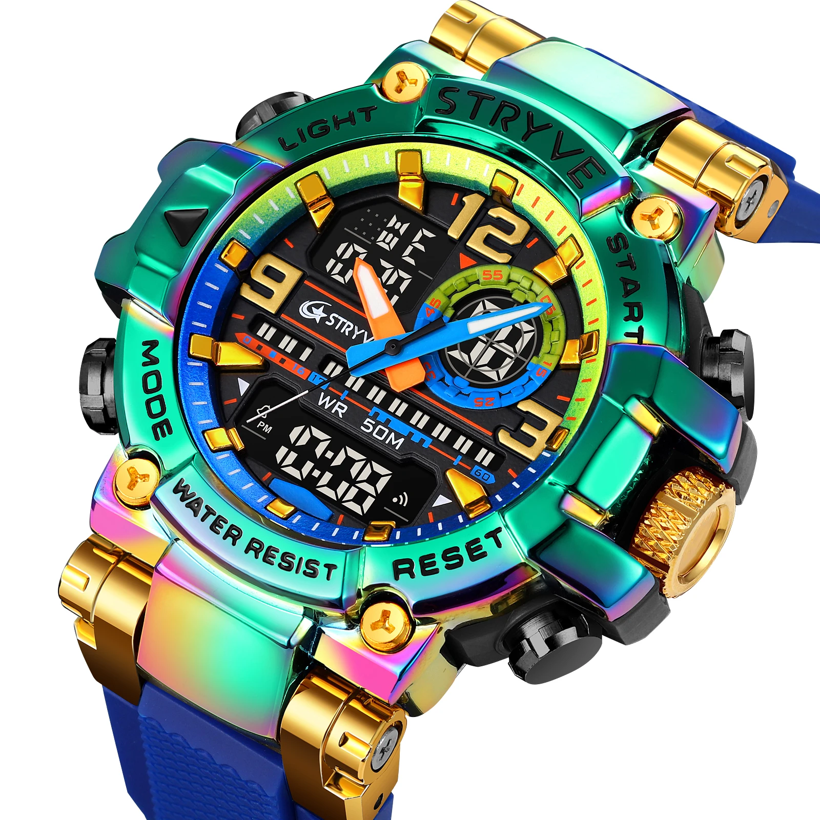 STRYVE Dual Display Men Watches Waterproof Sports Watch Military Man Alarm Stopwatch Quartz Wristwatch Male Digital Clock S8025