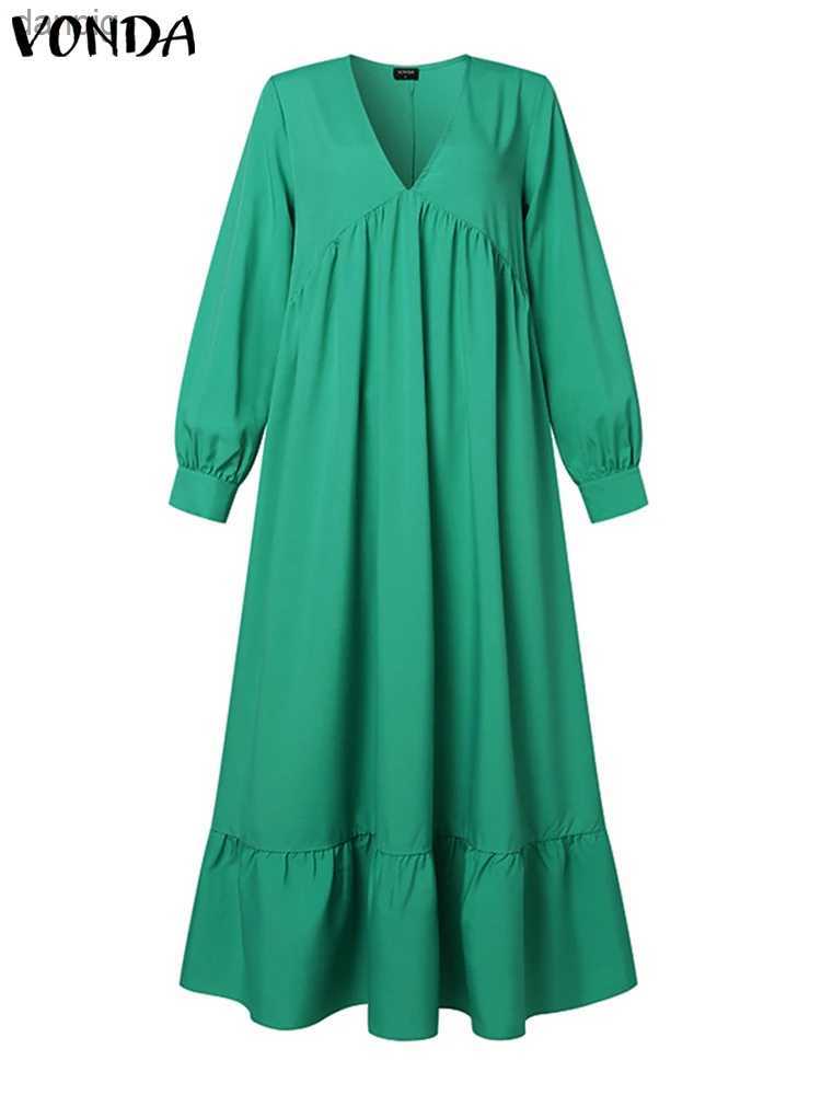 Urban Sexy Dresses Plus Size 5XL VONDA Elegant Party Sun Dress Womens Long Slave Sexy V-neck Casual Shirt Autumn Loose Solid Ruffle Long Dress Y240402