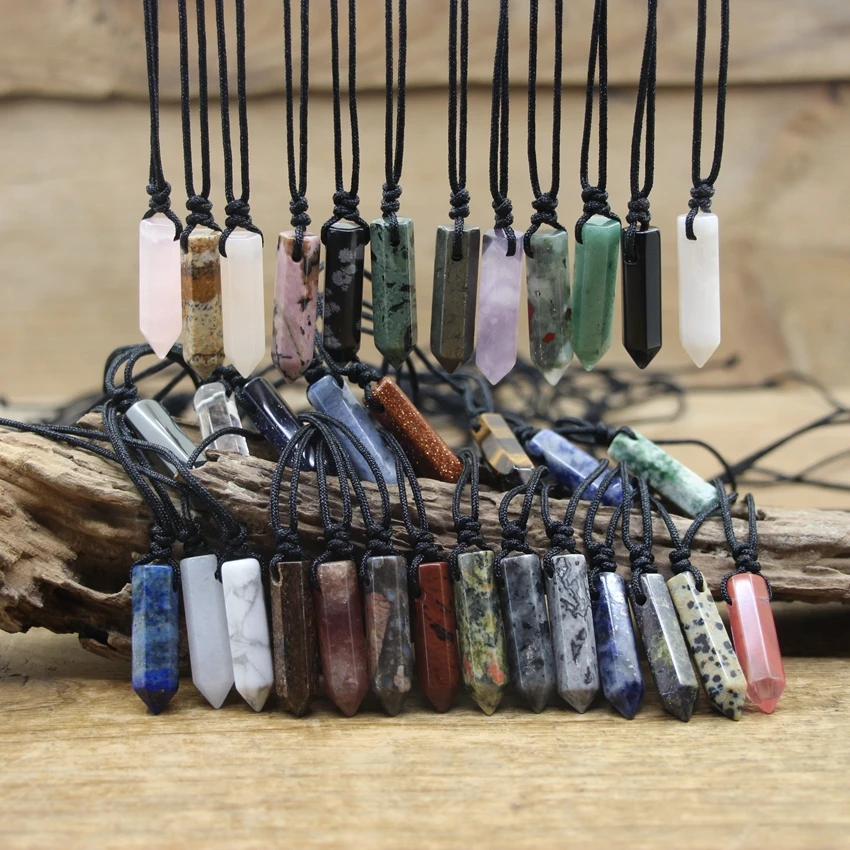 Healing Crystal Quartz Hexagonal Point Pendant Necklace Gems Stone Stick Bullet Knot Jewelry For Men Adjustable Size QC3336