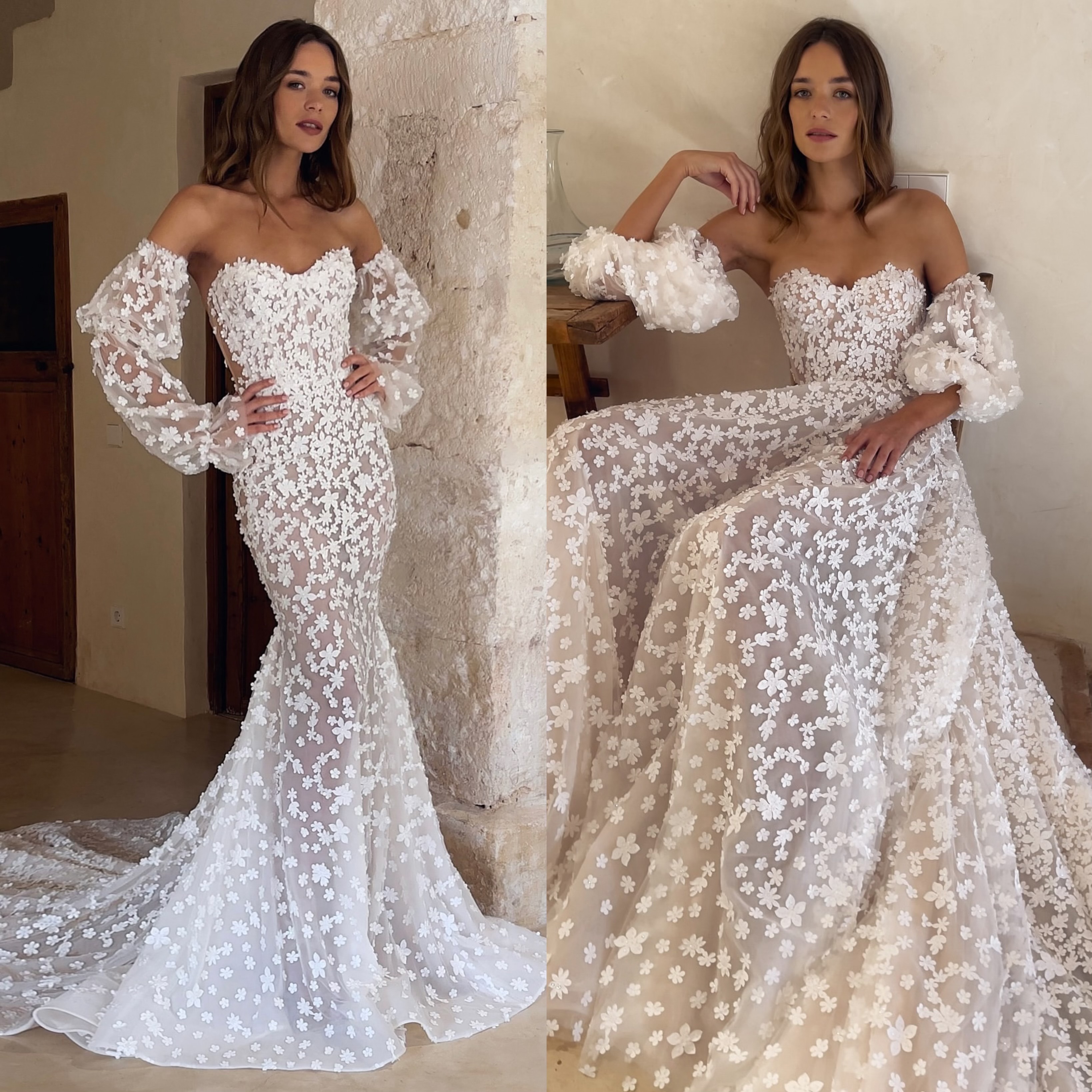 Mermaid Gorgeous Chart Dress Sweetheart Long Sleeves Lace Wedding Dresses Bridal Gowns Appliques Sweep Train Designer Boho Robe De Mariage es