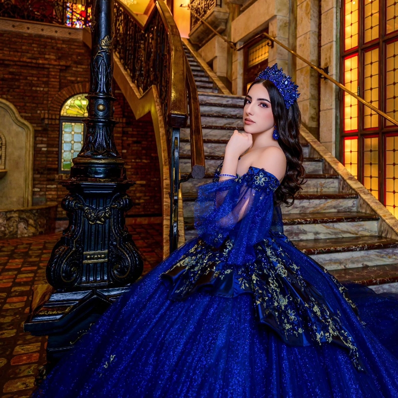 Royal Blue Shiny Quinceanera Dresses Ball Gown Lace Applique Sequins Beads Tull Mexico Corset Sweet 16 Vestido De 15 Anos