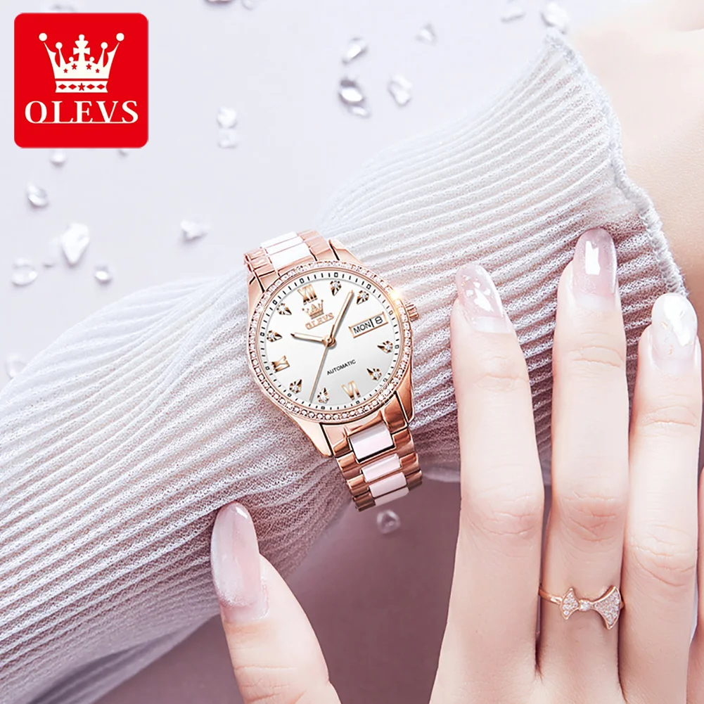 OELVS Women's Watch Brand Luxury Rose Gold Diamond Automatic Mechanical Watch Elegant Waterproof Ceramic Strap Women's Watch