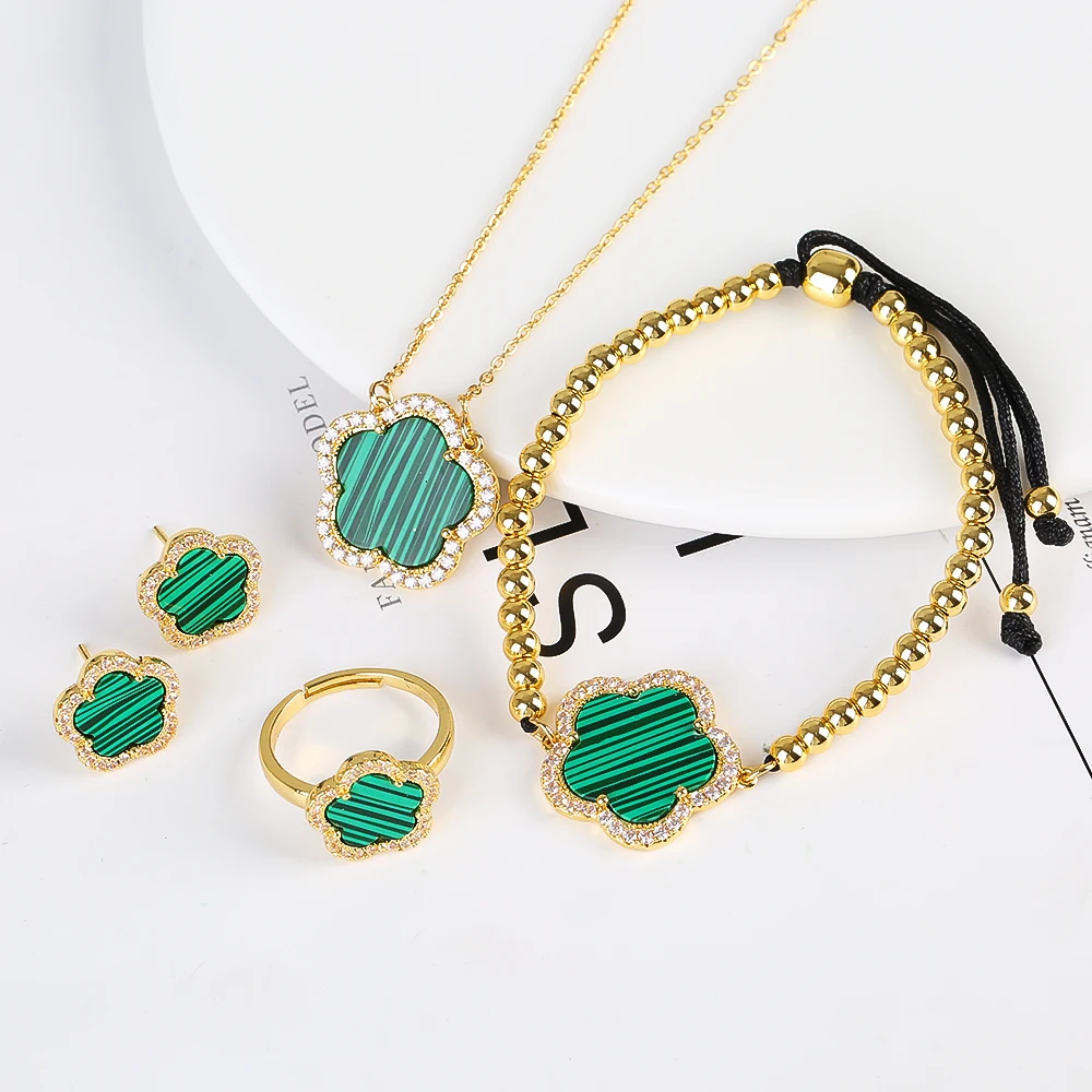 2023 Hot Selling Jewelry Set Natural White Shell Stone Plant Five-leaf Flower Pendant Necklace Earring Ring Jewelry Set