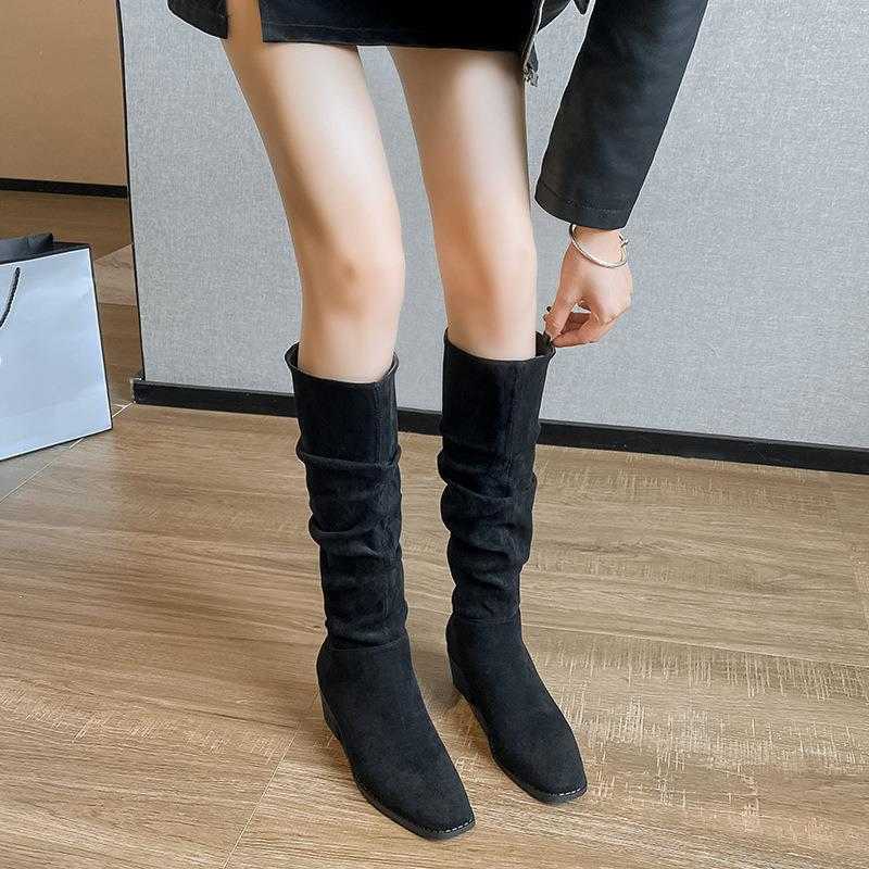 CMM Internal Height Increasing Pile Boots Long Leg Knight Boots New Autumn French Midsole Slim Western Cowboy Boots