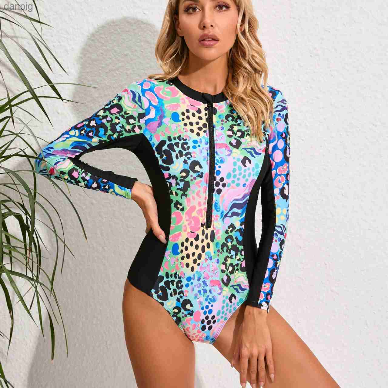 Women's Swimwear Surf Sports Swimwear Long Slve One-piece Swimsuit Womens Print Surf Swimsuit Single Gini Swimsuit Tropical Tights Women Wear Y24