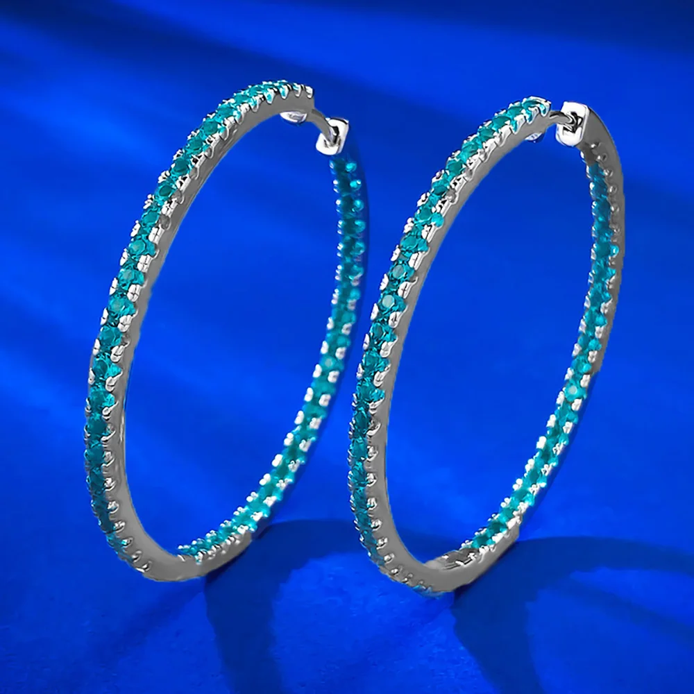 Luxury 100% 925 Solid Silver Blue-Green Tourmaline Hoop Earrings for Women Retro Gemstone Wedding Party Fine Jewelry Lady Gift